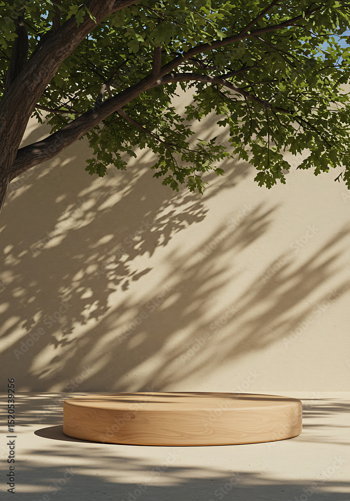 Poster empty stage in sunny shadow: a minimal shot showcasing a wooden stage with the shadow of a tree on t