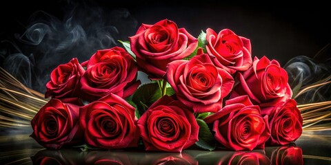 Black background highlights long-exposure roses, creating a dramatic, romantic floral still life.