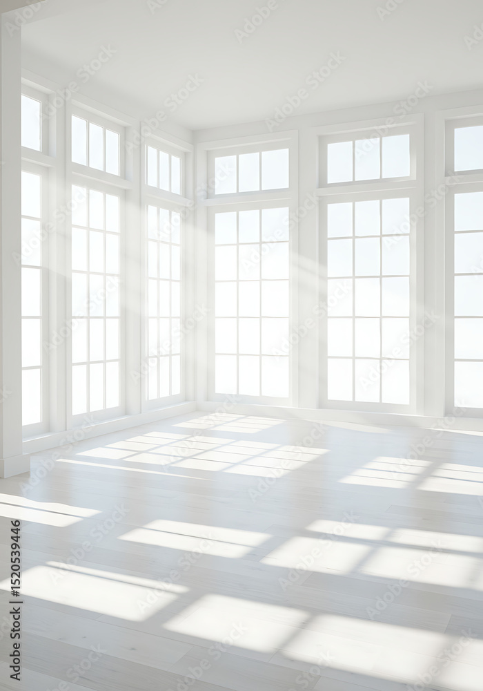 Poster sunlit architectural harmony: a serene interior space, illuminated by natural sunlight streaming thr