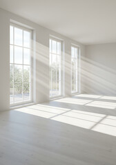 Obraz premium Sunlit Interior: A serene, light-filled interior bathed in the gentle glow of sunlight streaming through expansive windows. Shadows dance across the clean, modern space.