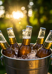 Cool Beer in Bucket: An eye-level close-up of a metal bucket overflowing with ice and chilled beer bottles, glistening under the warm summer sunshine. capturing the essence of refreshment