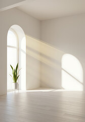 Sunlit Minimalist Room: A minimalist room design showcasing arched windows, hardwood floors, and a single potted plant, all bathed in warm sunlight streaming through the windows.