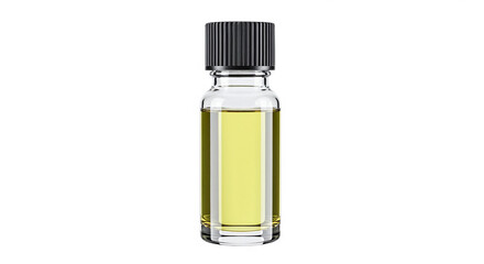 Small glass bottle containing light green liquid with black cap