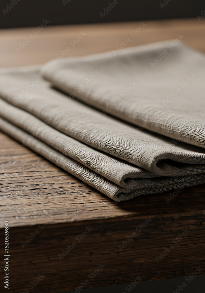 Poster textured linen napkin: a close-up showcases a stack of meticulously folded linen napkins on a rustic
