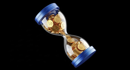 Hourglass filled with gold coins falling showing time is money on black background