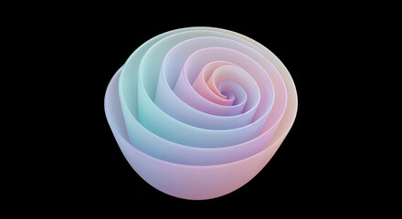 Pastel gradient spiral forming an abstract rose on black background