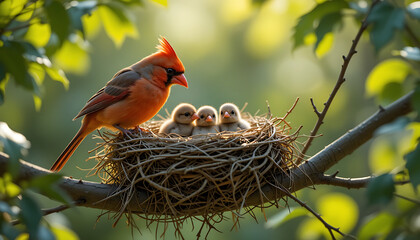 A Caring Cardinal Nurturing Its Young in a Lush Nest