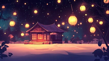 Fototapeta premium Winter night scene with a small house and lanterns.