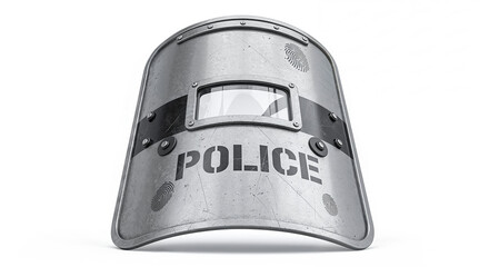 Police riot shield standing upright on white background