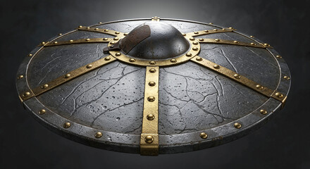 Medieval round shield with gold details resting on dark background
