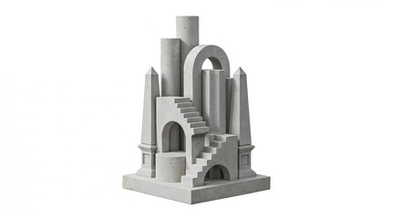 Concrete brutalist architectural model combining various geometric shapes