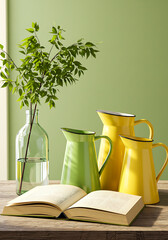 Summer Still Life with Pitchers: A tranquil scene of vibrant yellow and green pitchers arranged with an open book and a sprig of greenery in a clear glass bottle, set against a muted green wall.  