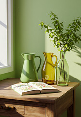 Sunny Corner Still Life: A tranquil scene of a wooden table bathed in sunlight near a window, adorned with a green pitcher, an amber glass jug, a clear glass bottle holding a sprig of green leaves.