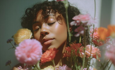 Serene portrait of Black woman with natural curls and closed eyes, surrounded by soft focus colorful flowers, symbolizing beauty, peace, and nature connection.

