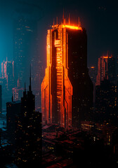 Neon Glowing Skyscraper at Night: A futuristic skyscraper glows with an intense orange light against a dark cityscape at night.