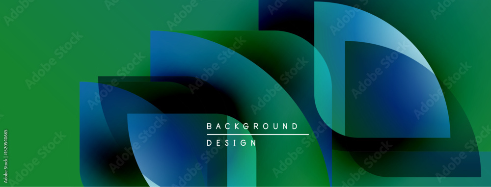 Poster abstract design features overlapping blue shapes, green backdrop. modern aesthetic, simple text elem