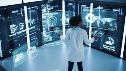 Digital network communication: a virtual display of diverse business people working in the office with computers and futuristic technology - Powered by Adobe