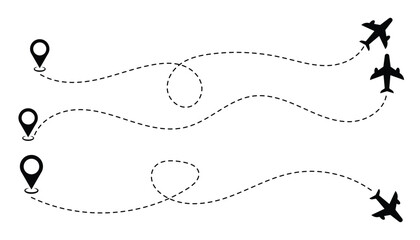 Airplane Flight Routes with Dotted Path and Location Pins – Vector Travel Map Set.