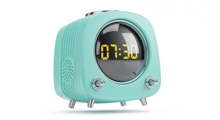 Turquoise retro digital alarm clock displaying 07:30 am on white background