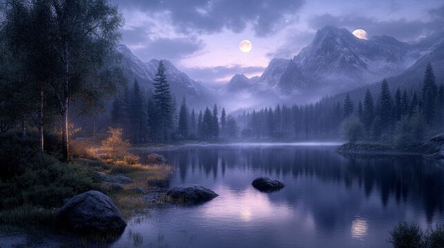 Snowy Mountain Lake at Night Under a Full Moon