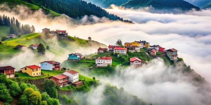 Black Sea village, Trabzon, veiled in fog; minimalist nature's embrace.