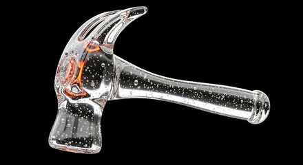 Glass hammer floating on black background with orange glow: construction and diy tools made of crystal