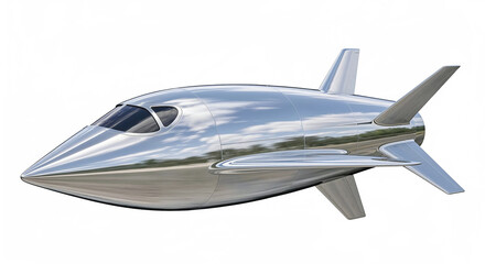 Futuristic metallic spaceship flying in white background