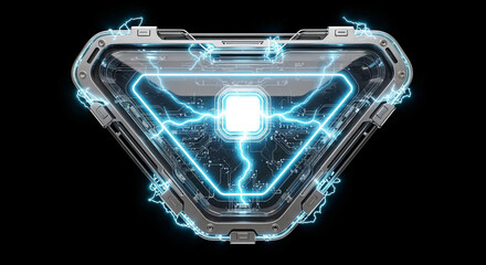 Futuristic arc reactor powering up, generating energy on black background