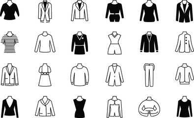 A collection of various clothing items displayed as black and white line art icons on a white background