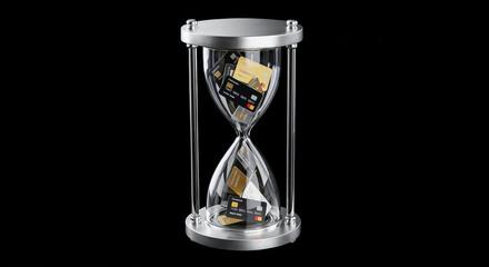 Hourglass measuring passing time with credit cards inside symbolizing financial management