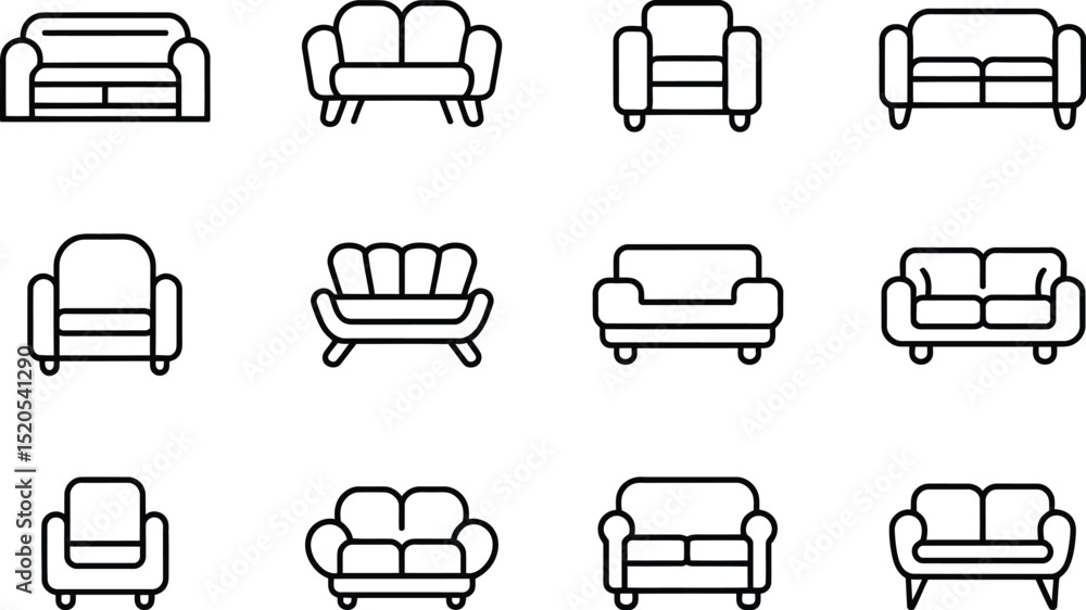 Poster a collection of twelve different sofa and armchair icons in a simple line art style on white backgro