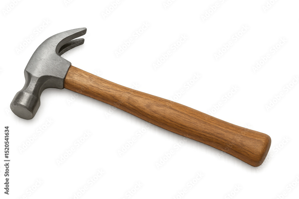Poster metal claw hammer with wooden handle lying diagonally on a transparent background, creating a simple