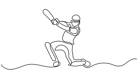 Continuous line drawing of a cricket player batting. Single line Cricket batsman players action sport graphic vector. A cricket batsman isolated of a white background.