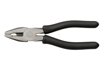 Obraz premium Linesman pliers with black ergonomic grip, precision-engineered cutting and gripping tool resting against clean white space