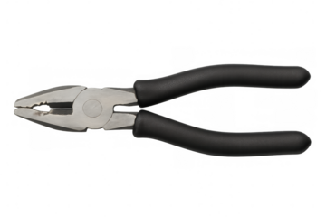Linesman pliers with black ergonomic grip, precision-engineered cutting and gripping tool resting against clean white space