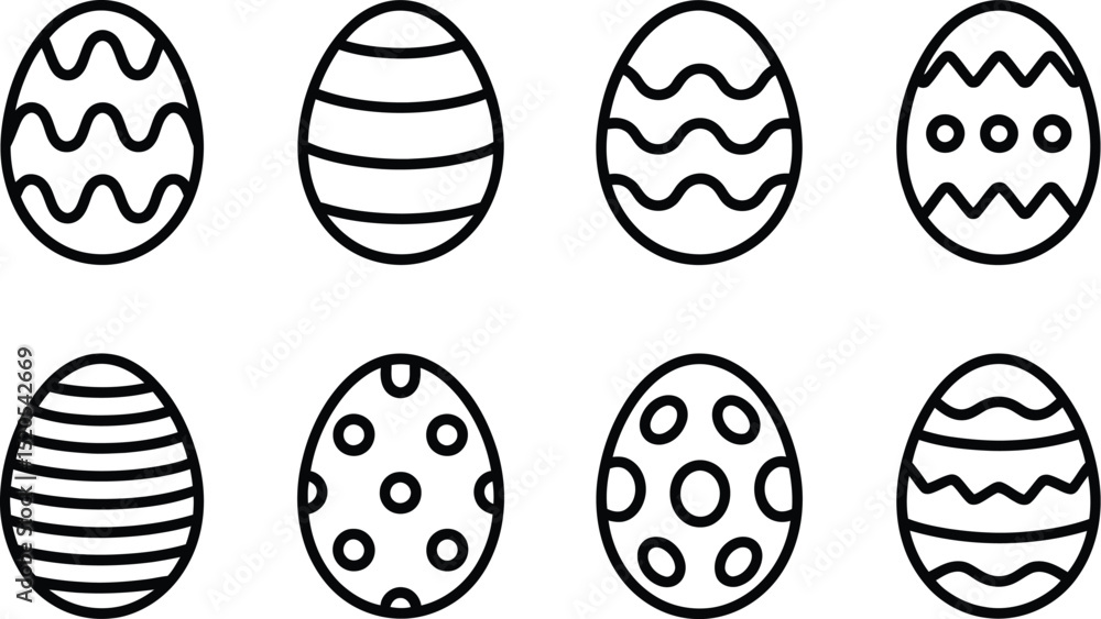 Poster eight easter eggs with different patterns in a row, black outline on white background, vector illust