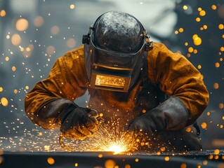 Welder in Protective Gear Working with Sparks Flying During Metal Fabrication