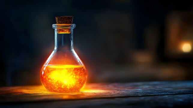 Glowing Amber Potion In Glass Bottle On Wooden Table