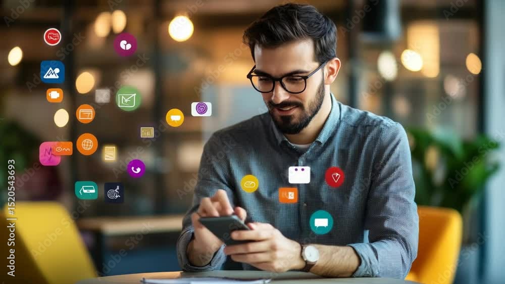 Poster smiling man uses smartphone with interface icons for digital service application