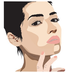 This is a stylized vector illustration of a woman with short dark hair, looking confidently upward. She touches her chin with her fingers, conveying contemplation or self-assurance.