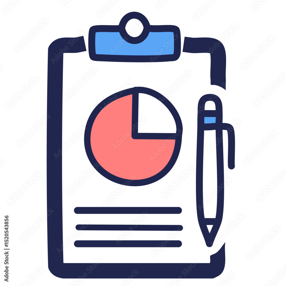 Poster a bar graph or pie chart on a clipboard with a pen resting on top