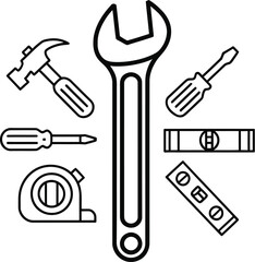 A line drawing of various tools including a wrench hammer screwdrivers and levels on a gray background