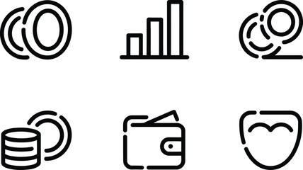 A set of six black outline icons representing finance and investment on a light gray background plain style