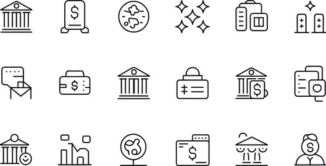 A set of line icons depicting banking finance and business related concepts in a minimalistic style design