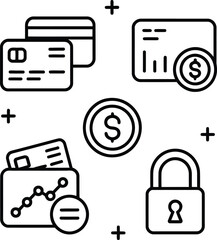 Line art illustration of credit cards coin wallet graph and padlock on a light gray background