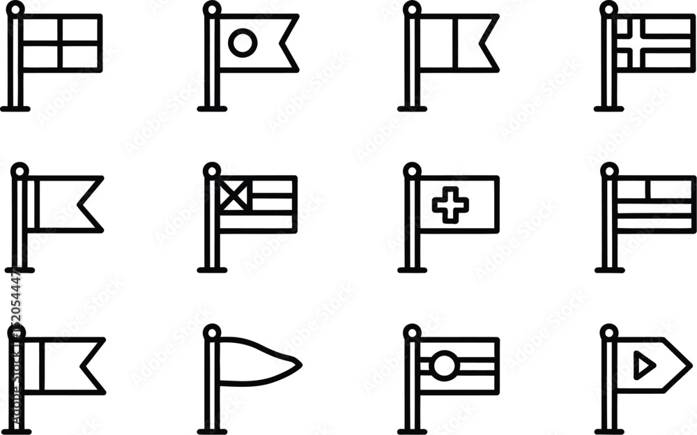 Poster a collection of twelve different flag icons with black outlines displayed on a white background vect
