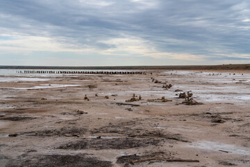 Sandy shores of the drying salt lake Baskunchak on a summer day, Nizhny Baskunchak, Akhtubinsky district, Astrakhan region, Russia