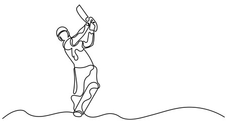 Continuous line drawing of a cricket player batting. Single line Cricket batsman players action sport graphic vector. A cricket batsman isolated of a white background.