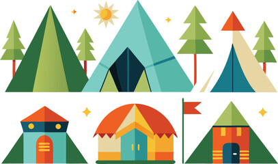 Obraz premium Colorful camping tents and cabins in a flat design style illustration