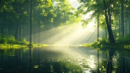 Obraz premium Sunlit Forest Path Reflecting in Still Water